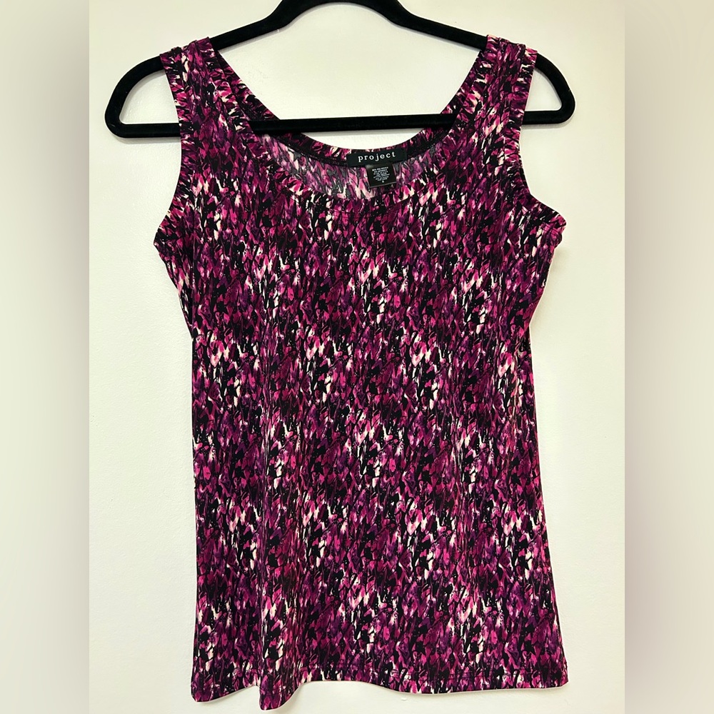 Pink/black/white speckled blouse, tank top blouse, Project size small